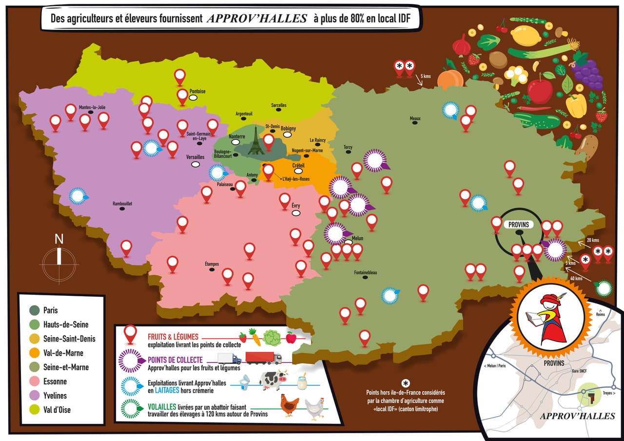 Carte de l'Île-de-France avec les points de collecte Approv'Halles