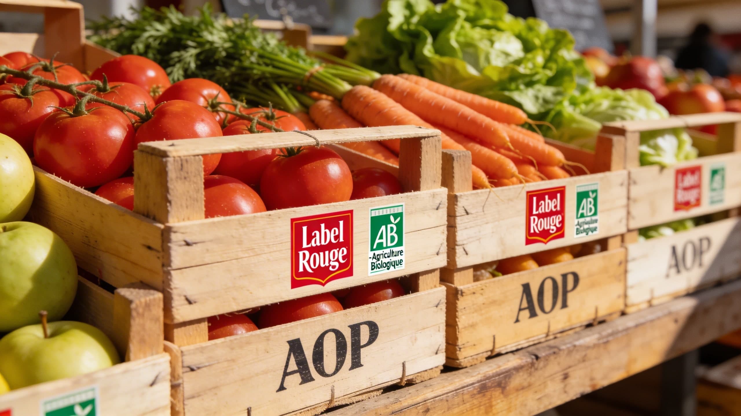 Cagettes de fruits et légumes avec labels Rouge, AB et AOP