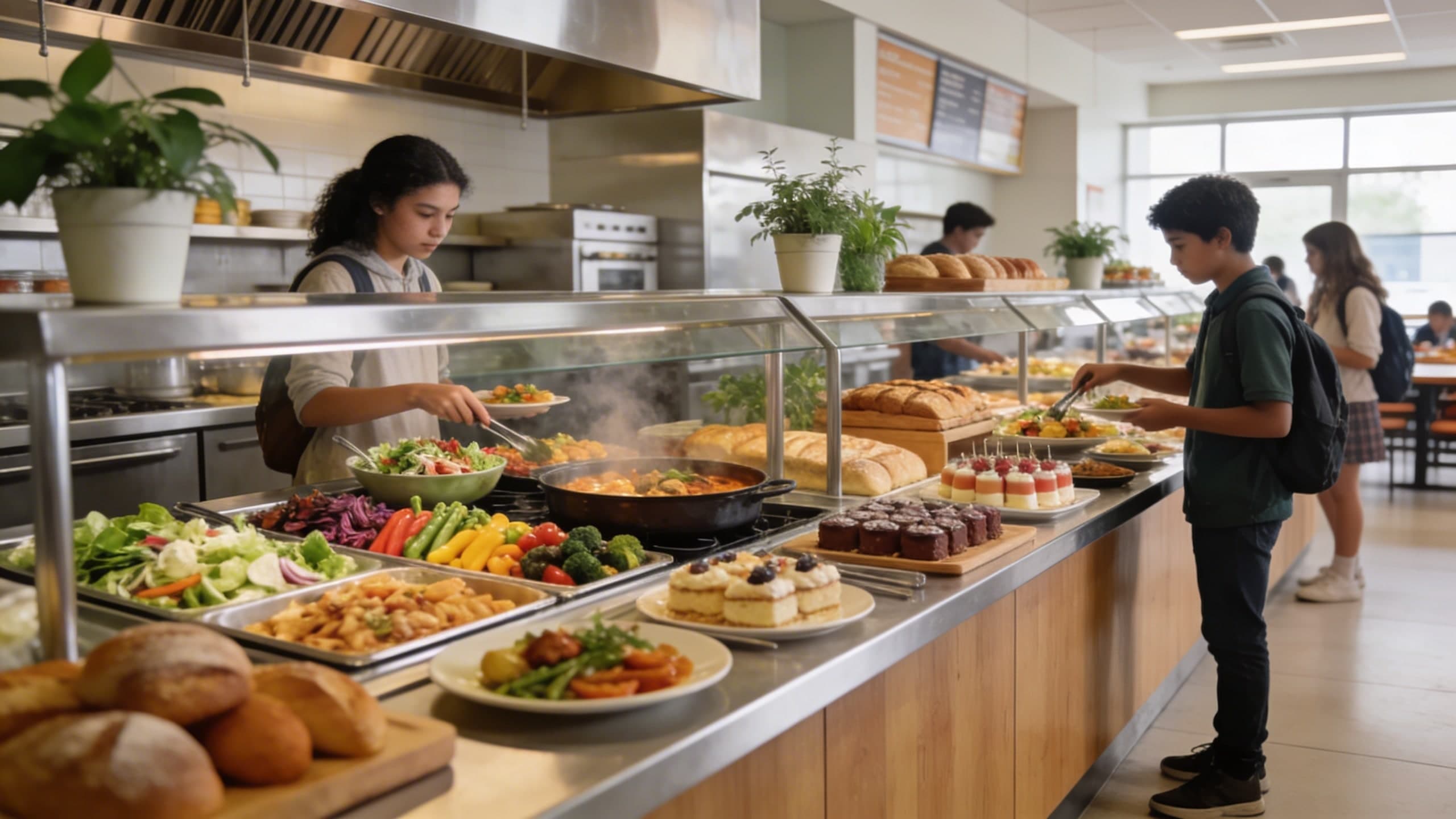 Self d'un restaurant scolaire avec plats variés