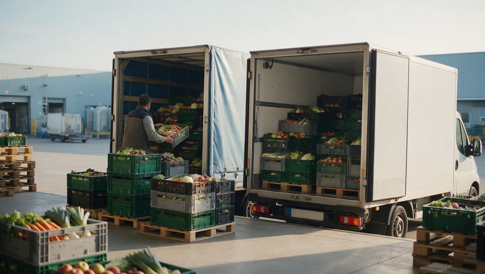 Camions frigorifiques chargés de cageots de fruits et légumes sur un quai logistique